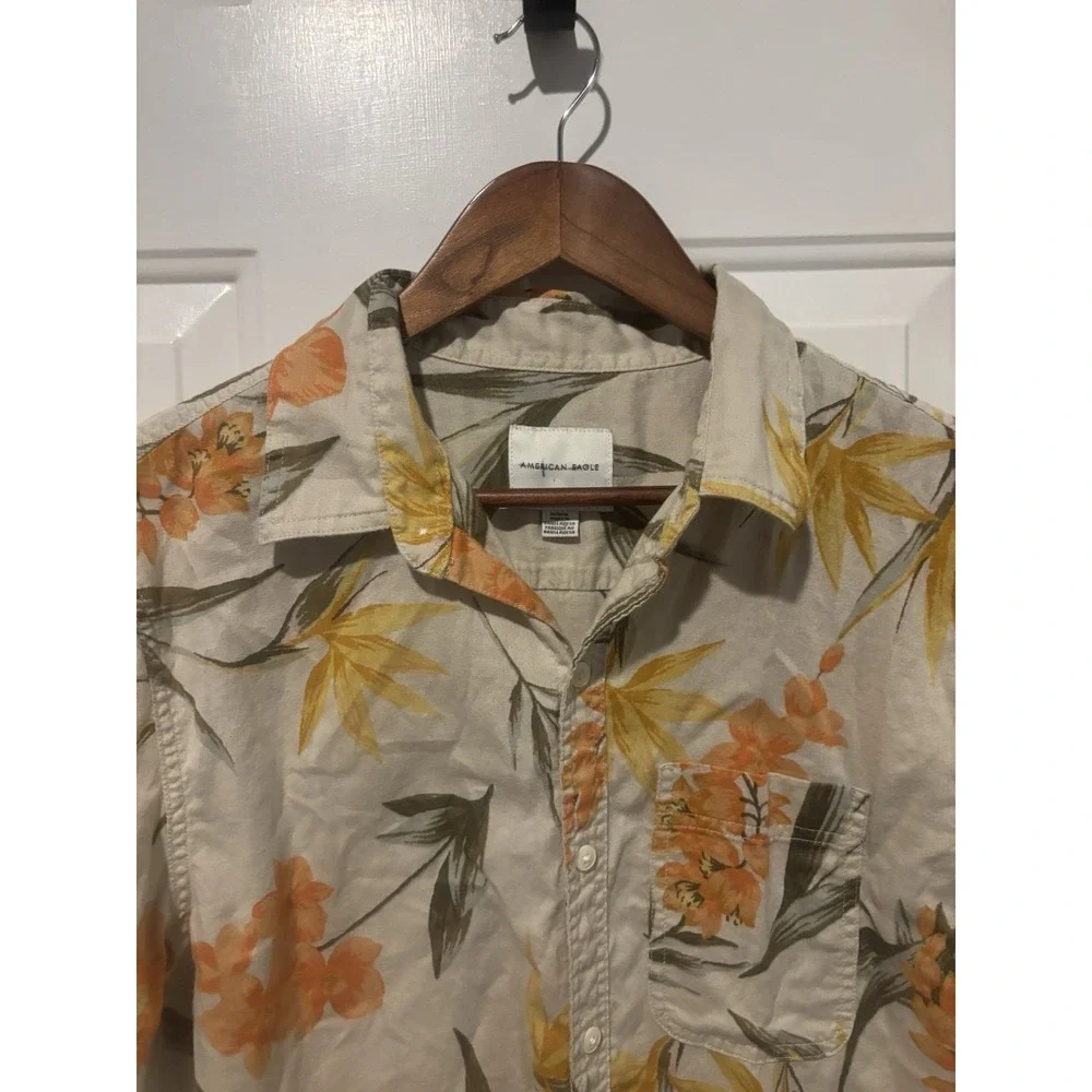 American Eagle Shirt Hawaiian‎ Men's Tropical Button Up Med Yellow Orange